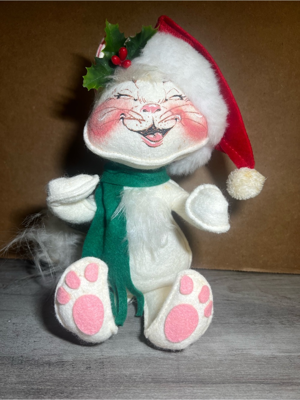 Vintage 80s Annalee White Cat Plush with Red Santa Hat and Green Scarf